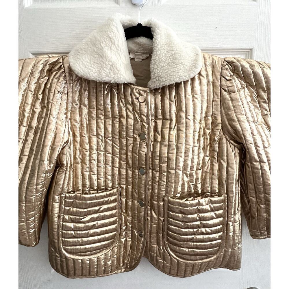 LET ME BE Anthropologie Women's Gold Foil Puff Sleeve Quilted Cropped Jacket - Picture 3 of 11
